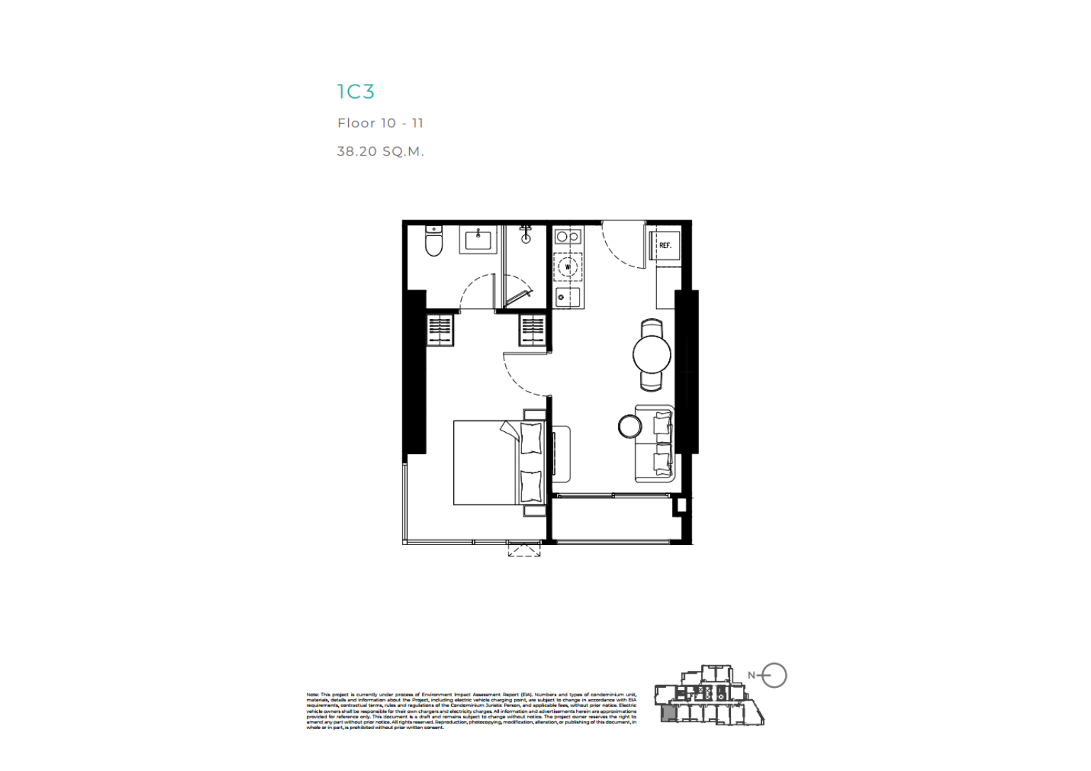 แปลนพื้นห้องชุดหนึ่งห้องนอนของเทตต์ พัทยา แสดงผังห้องที่มีเคาน์เตอร์ครัวกลางและห้องนั่งเล่นแบบเปิด