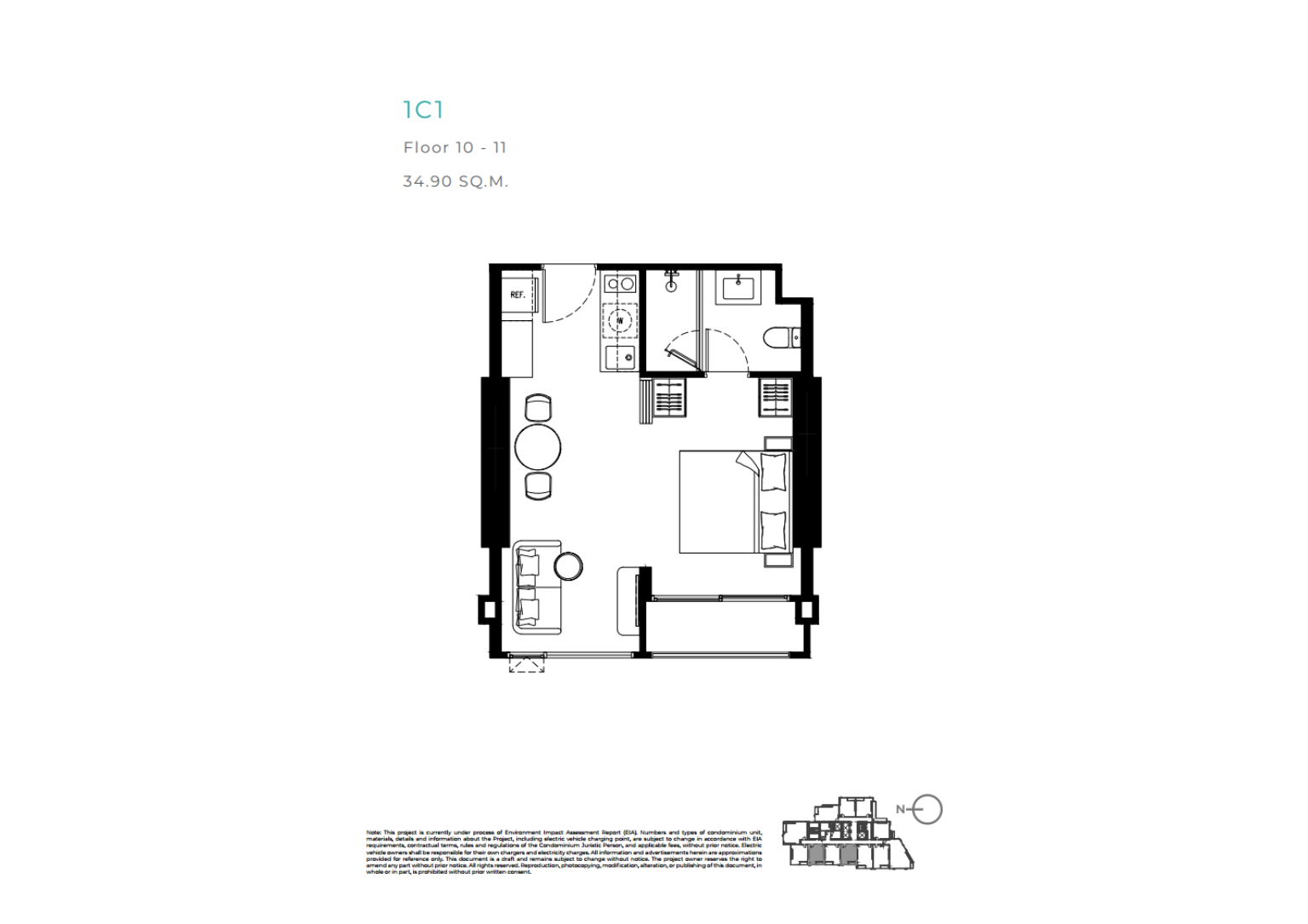 แปลนพื้นห้องชุดหนึ่งห้องนอนของเทตต์ พัทยา แสดงผังห้องที่มีห้องครัวแยกเป็นสัดส่วนและระเบียงส่วนตัว