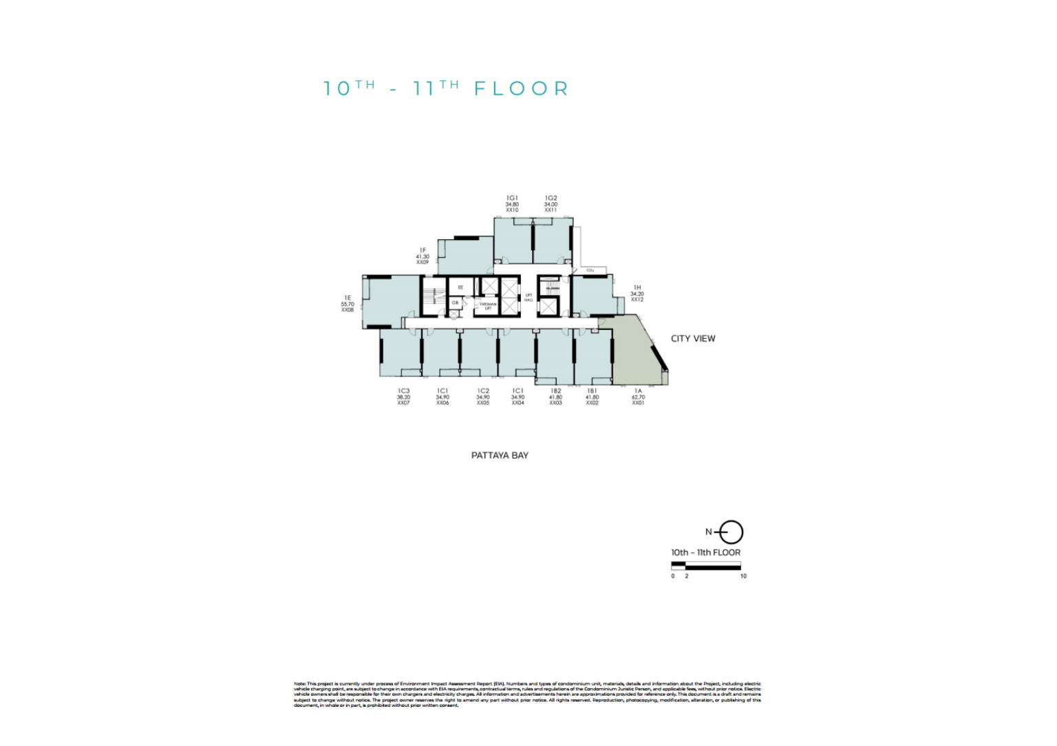 แปลนพื้นของชั้นที่ 10 และ 11 ของเทตต์ พัทยา แสดงผังของห้องพักอาศัยหลายยูนิตพร้อมวิวเมืองและอ่าวพัทยา