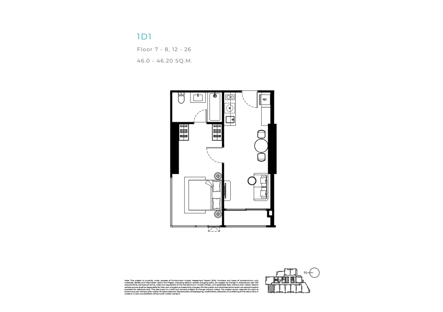 แปลนพื้นห้องชุดหนึ่งห้องนอนของเทตต์ พัทยา แสดงผังห้องที่มีพื้นที่สำหรับรับประทานอาหารและห้องนอนพร้อมตู้เสื้อผ้าแบบวอล์กอิน