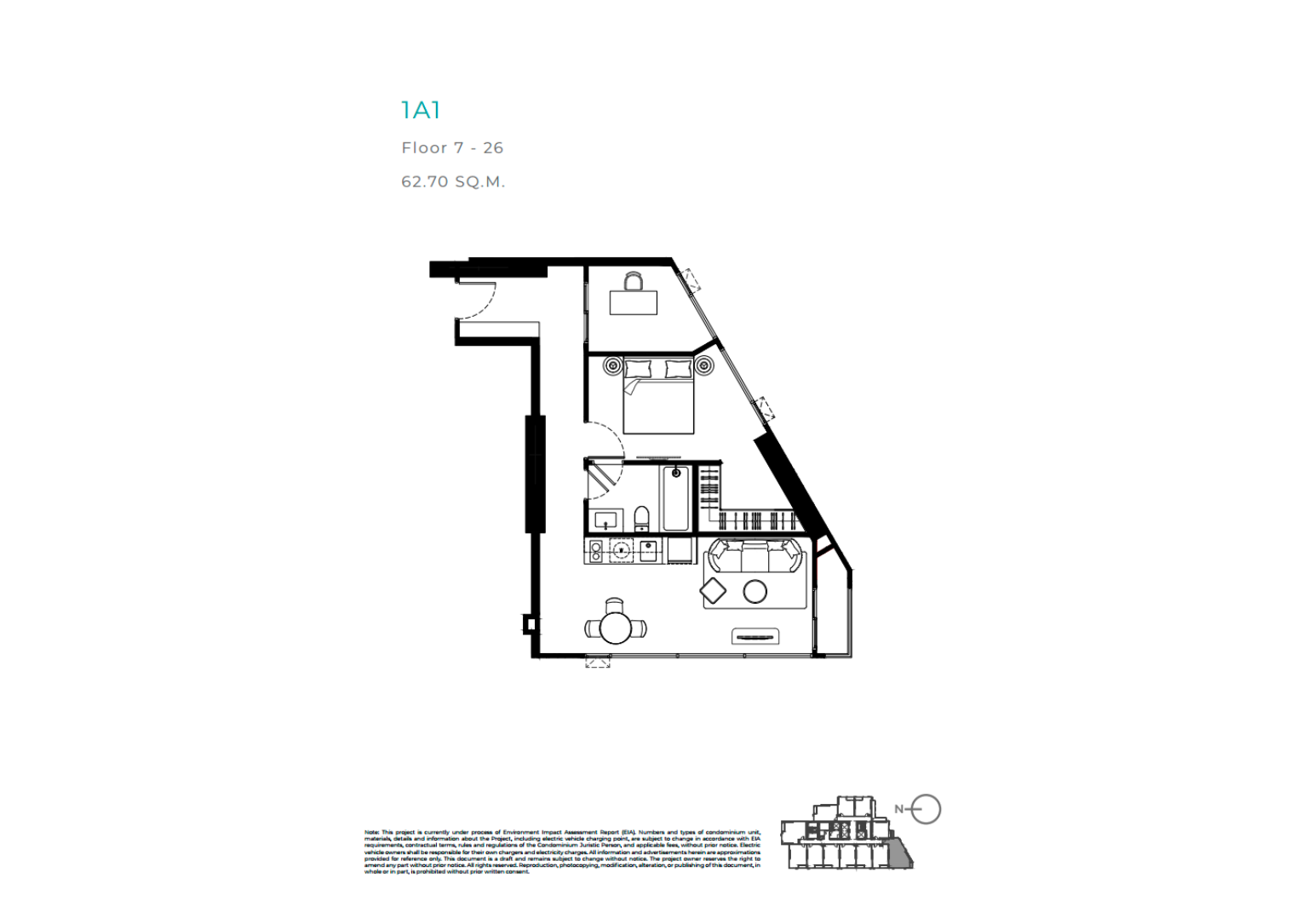 แปลนพื้นห้องชุดหนึ่งห้องนอนของเทตต์ พัทยา แสดงผังห้องมุมที่มีผนังด้านนอกเป็นมุมและพื้นที่นั่งเล่นที่กว้างขวาง