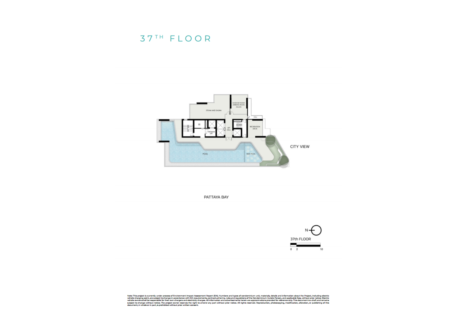 แปลนพื้นของชั้นที่ 37 ของเทตต์ พัทยา แสดงผังของสระว่ายน้ำ สระว่ายน้ำเด็ก และสิ่งอำนวยความสะดวกเพื่อสุขภาพ เช่น ห้องอบไอน้ำและซาวน่า