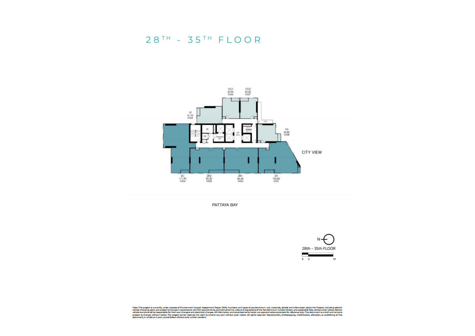 แปลนพื้นของชั้นที่ 28 ถึง 35 ของเทตต์ พัทยา แสดงผังของห้องพักอาศัยหลายยูนิตพร้อมวิวเมืองและอ่าวพัทยา