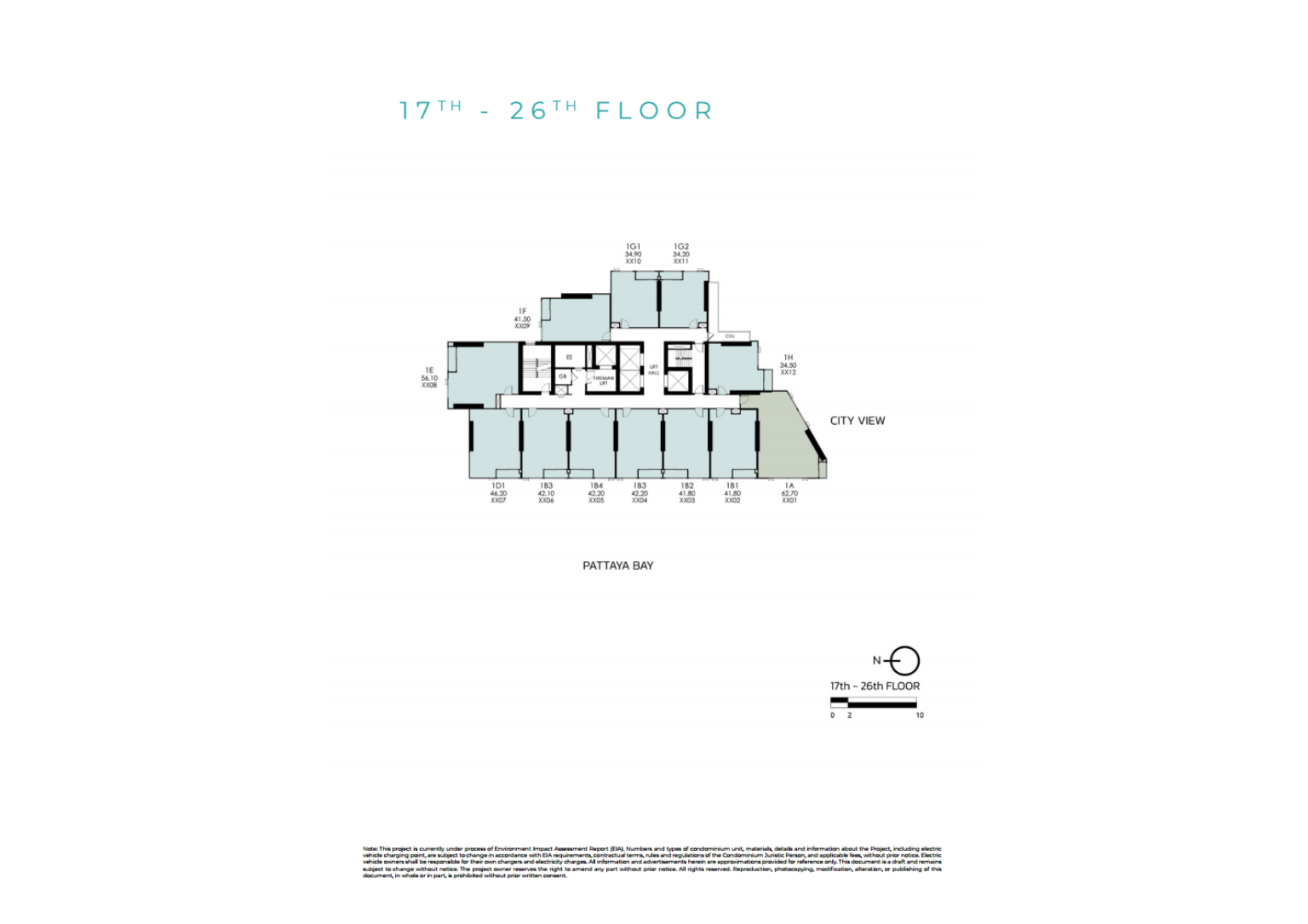 แปลนพื้นของชั้นที่ 17 ถึง 26 ของเทตต์ พัทยา แสดงผังของห้องพักอาศัยหลายยูนิตพร้อมวิวเมืองและอ่าวพัทยา
