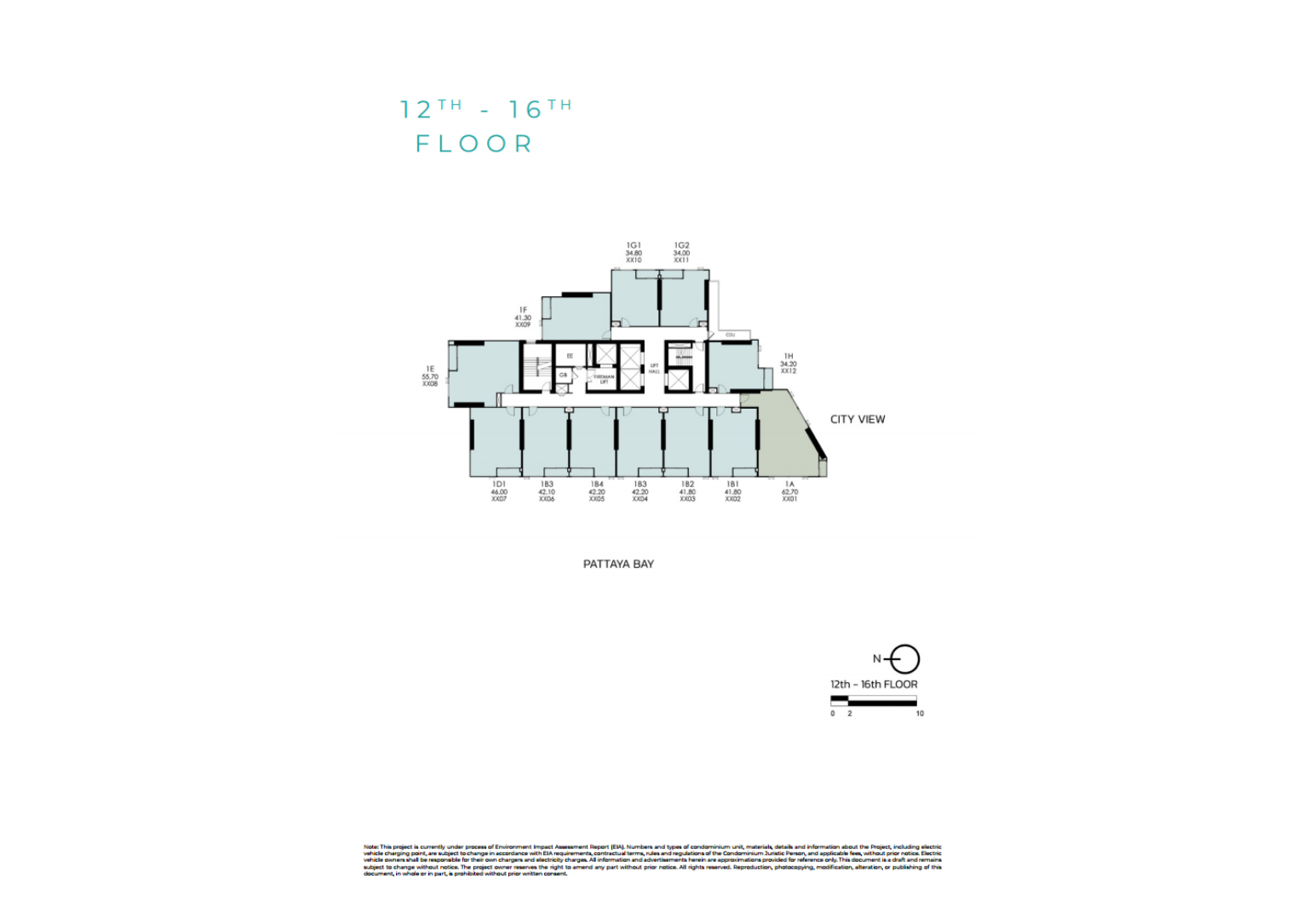 แปลนพื้นของชั้นที่ 12 ถึง 16 ของเทตต์ พัทยา แสดงผังของห้องพักอาศัยหลายยูนิตพร้อมวิวเมืองและอ่าวพัทยา