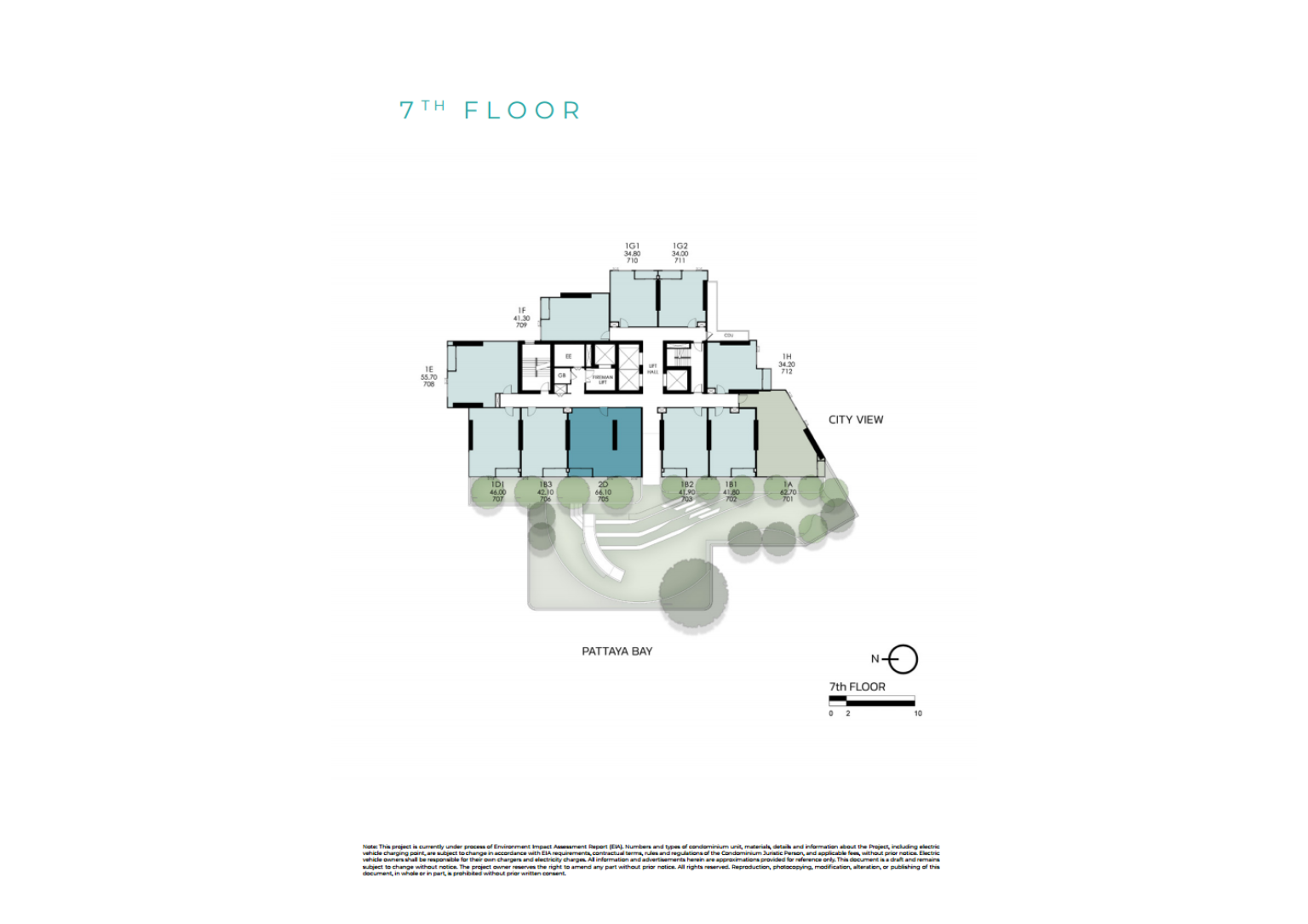 แปลนพื้นของชั้นที่ 7 ของเทตต์ พัทยา แสดงผังของห้องพักอาศัยหลายยูนิตพร้อมวิวเมืองและอ่าวพัทยา