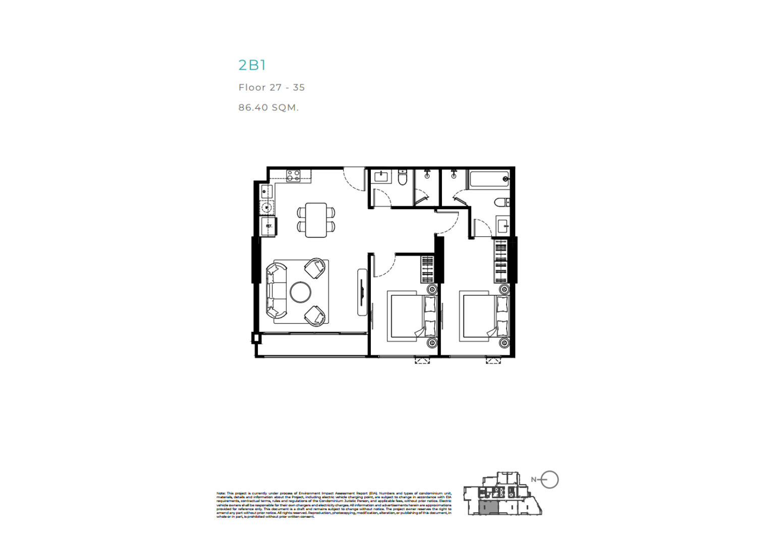แปลนพื้นห้องชุดสองห้องนอนมุมของเทตต์ พัทยา แสดงผังห้องนอนใหญ่ที่กว้างขวางพร้อมระเบียงขนาดใหญ่